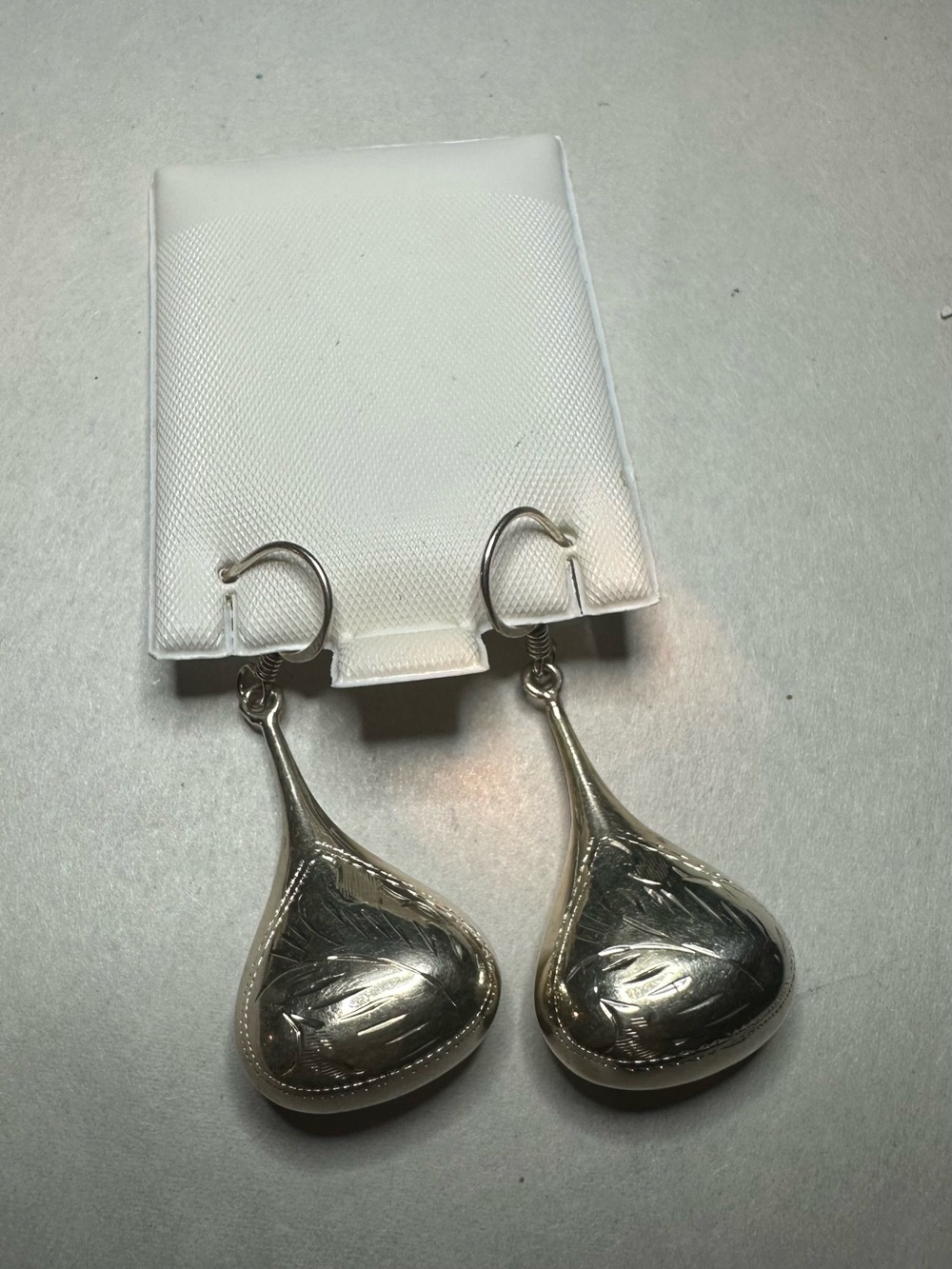 Large Sterling Silver Teardrop Dangle Earrings with Engraved Detail